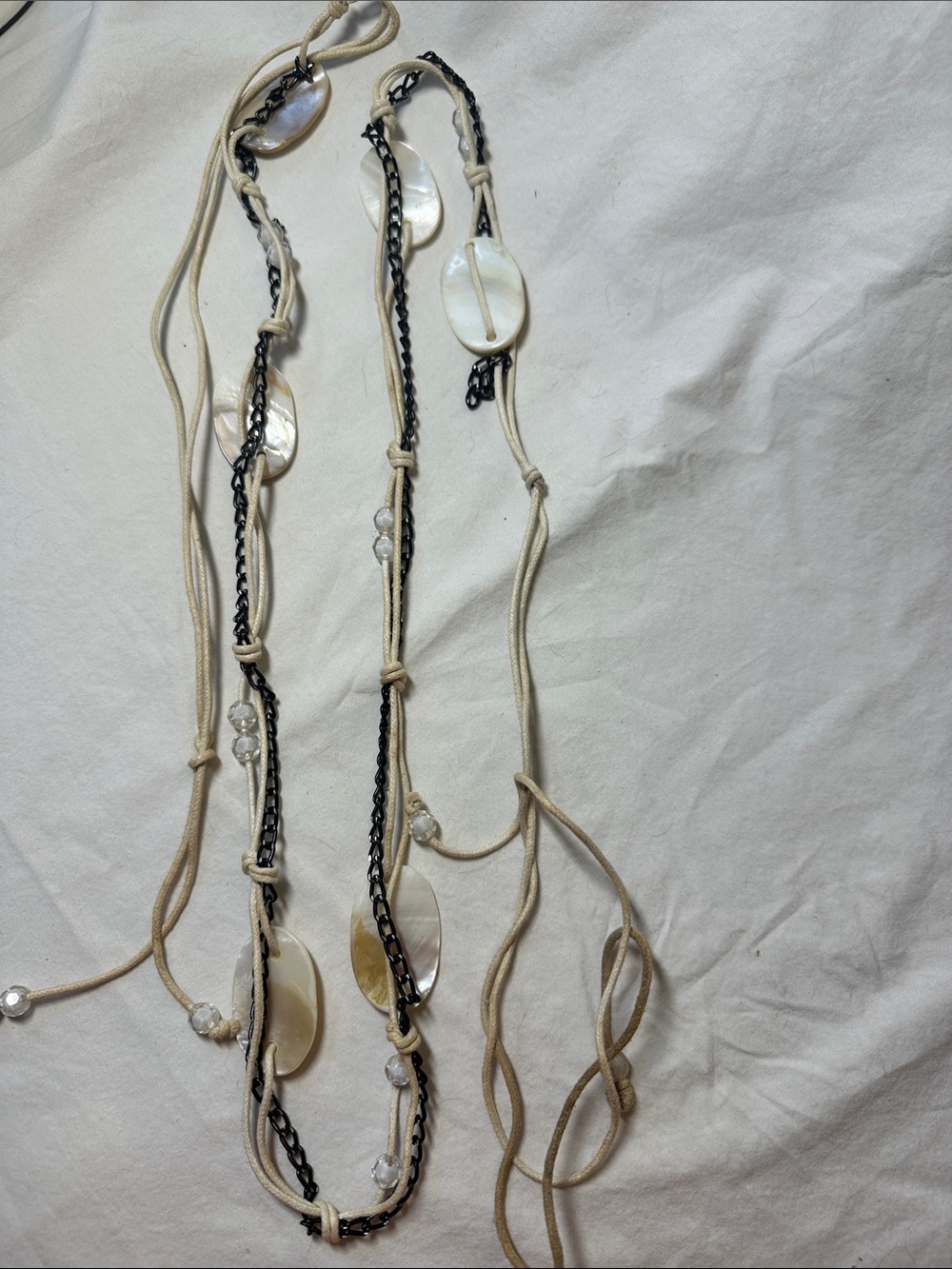 Cream Shell & Black Chain Layered Long Necklace or Belt